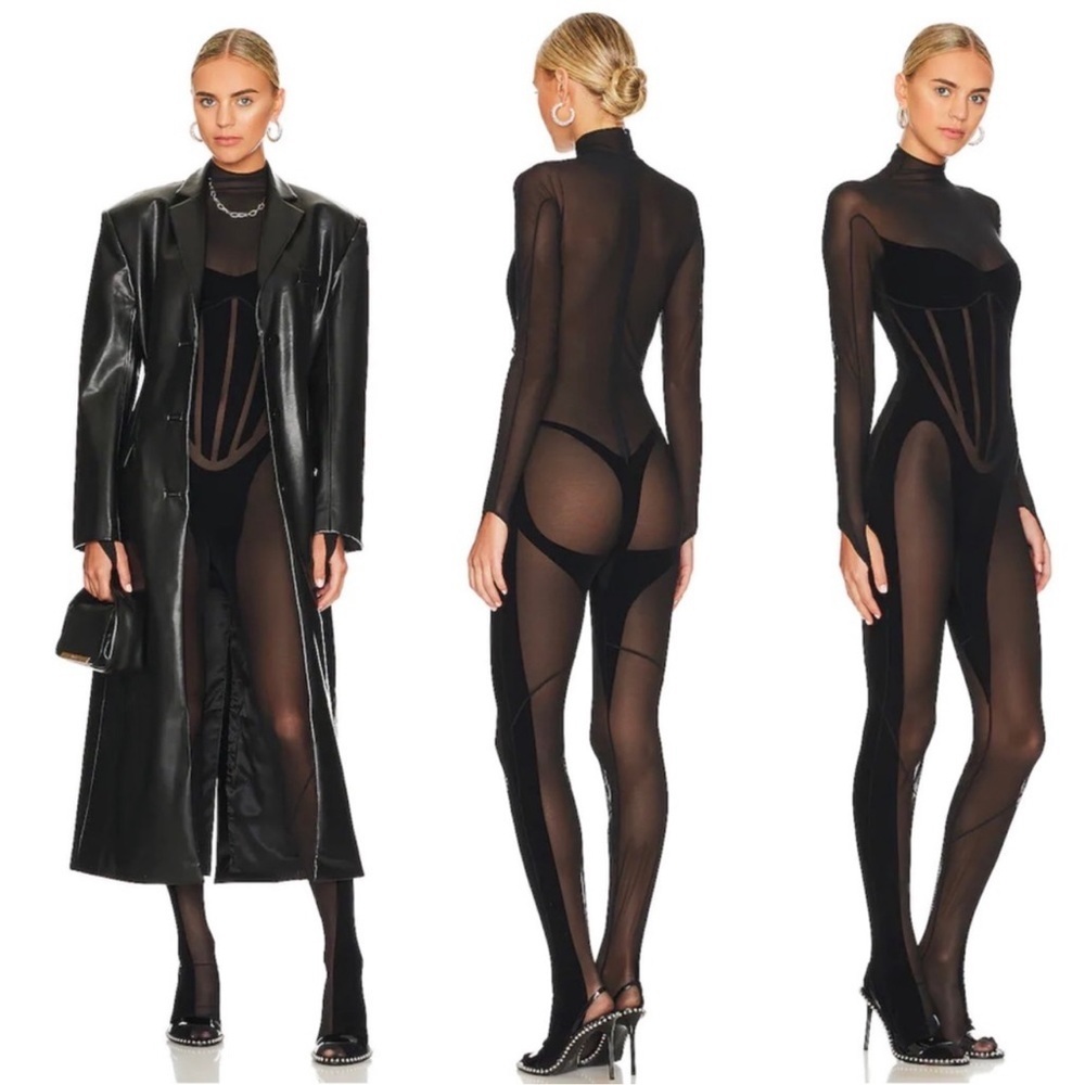 Mugler X Wolford flocked tulle mesh catsuit playsuit jumpsuit size XS